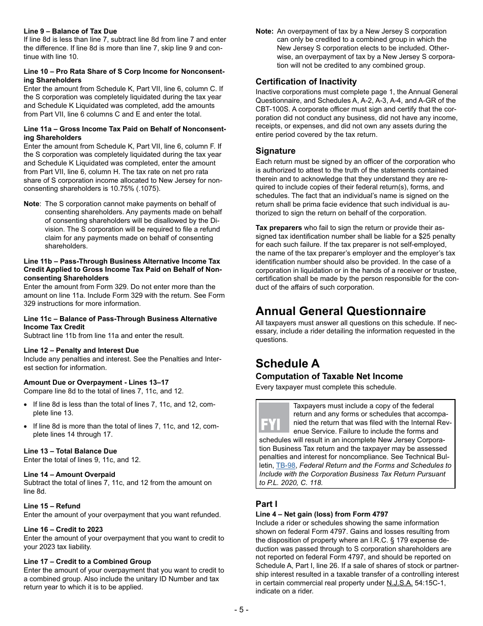 Instructions for Form CBT-100S New Jersey S Corporation Business Tax Return - New Jersey, Page 5