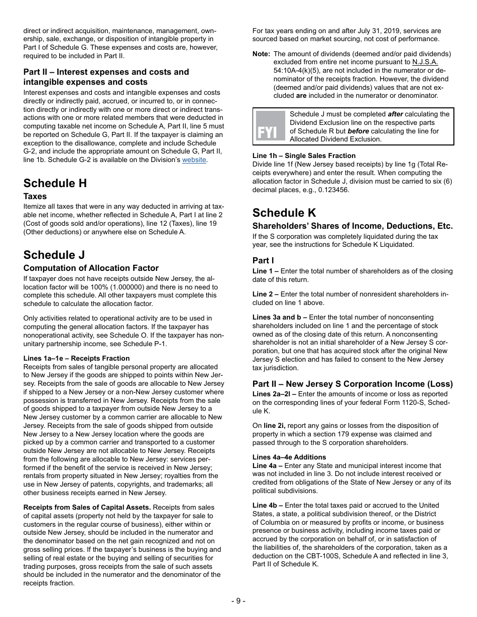Instructions for Form CBT-100S New Jersey S Corporation Business Tax Return - New Jersey, Page 9