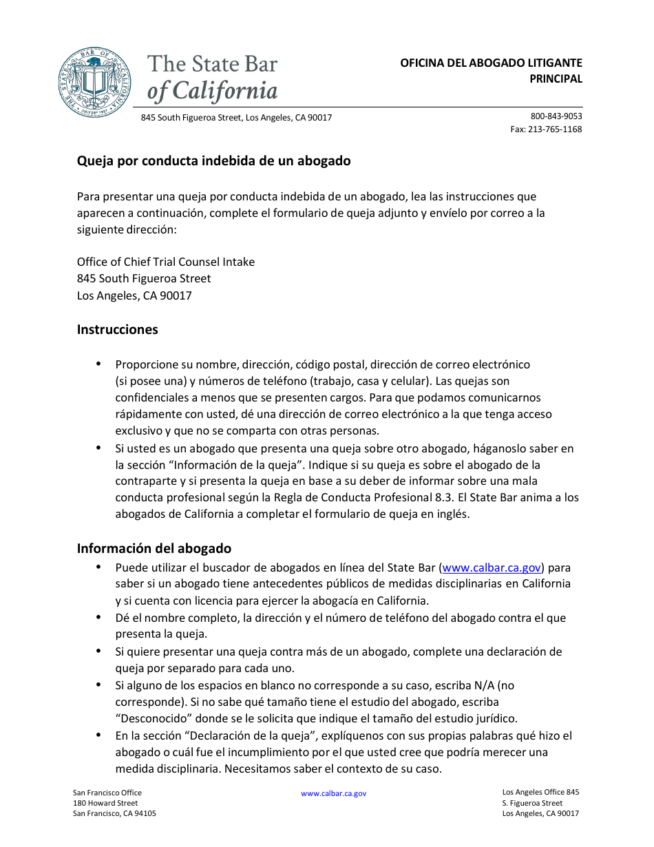 Formulario De Queja Por Conducta Indebida De Un Abogado - California (Spanish), Page 1