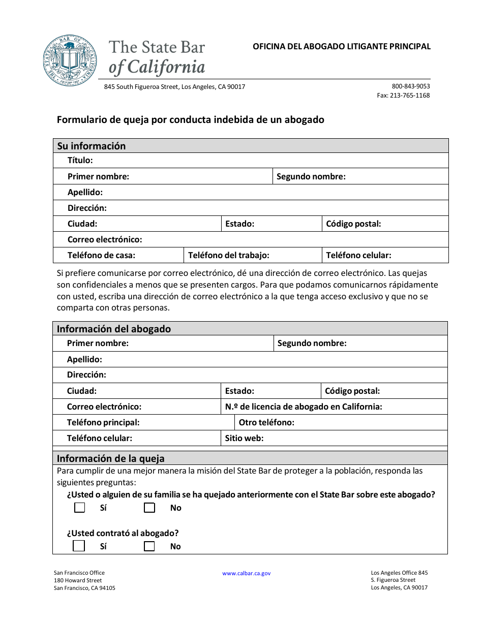 Formulario De Queja Por Conducta Indebida De Un Abogado - California (Spanish), Page 4