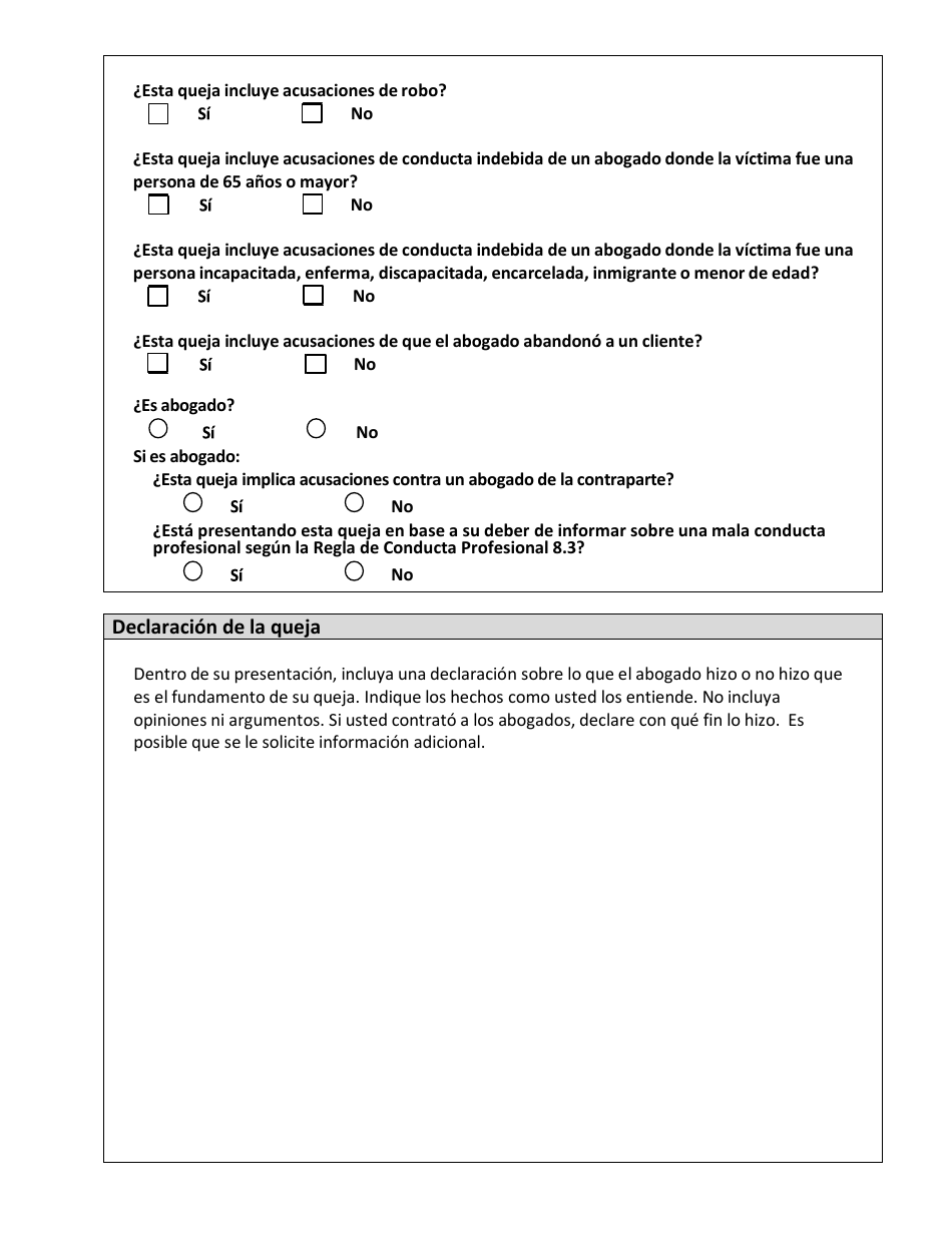 Formulario De Queja Por Conducta Indebida De Un Abogado - California (Spanish), Page 5