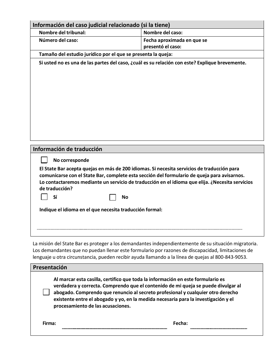 Formulario De Queja Por Conducta Indebida De Un Abogado - California (Spanish), Page 6