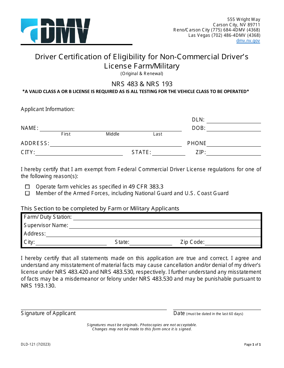 Form DLD-121 Driver Certification of Eligibility for Non-commercial Drivers License Farm / Military - Nevada, Page 1