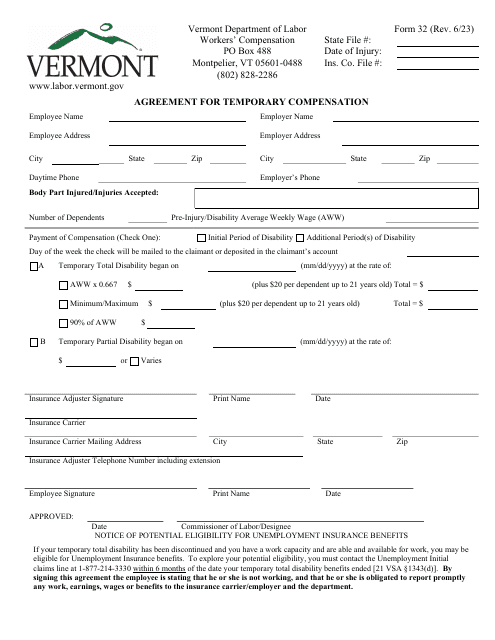 Form 32 Agreement for Temporary Compensation - Vermont