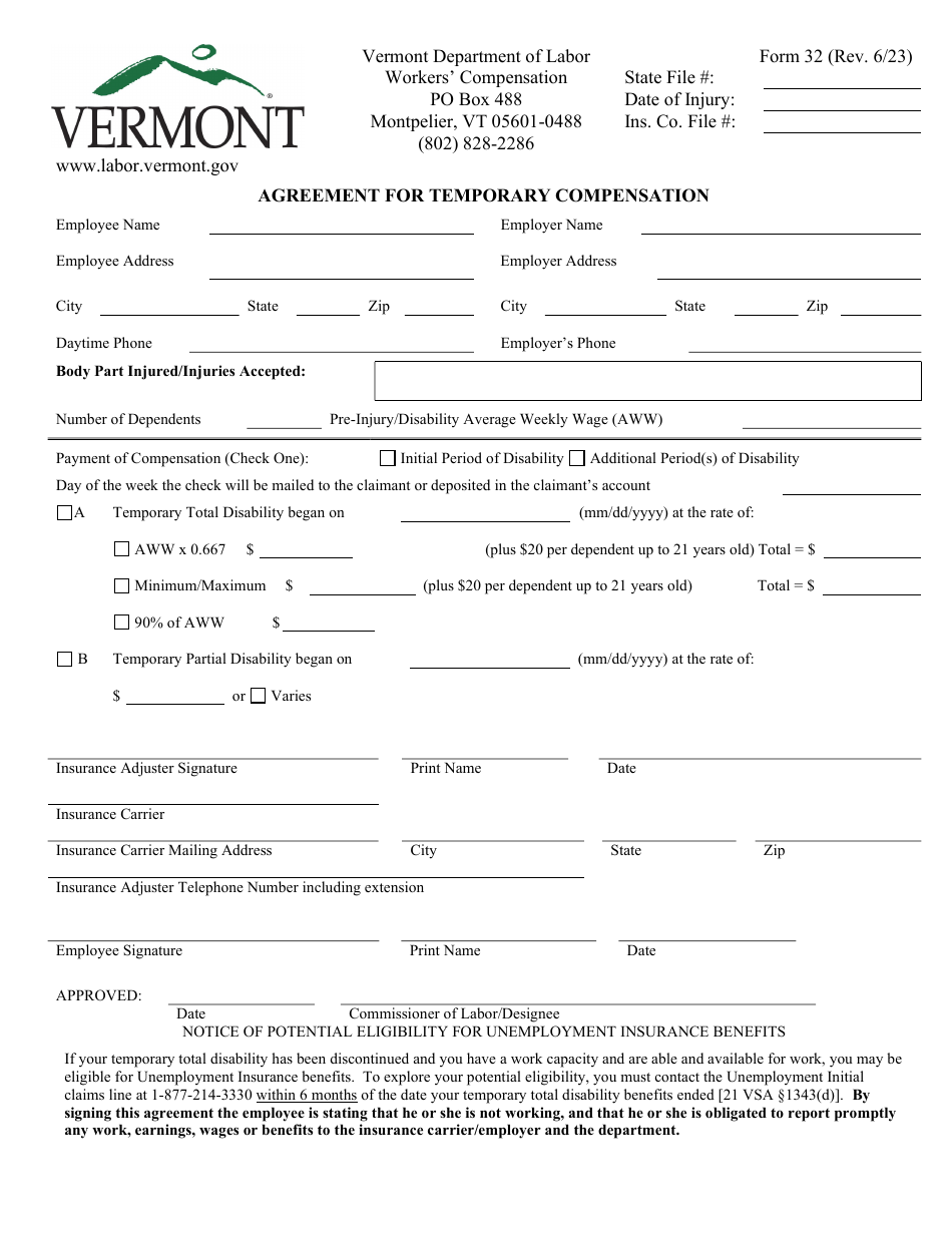 Form 32 Agreement for Temporary Compensation - Vermont, Page 1