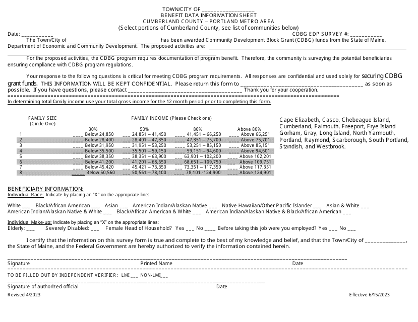 Edp Benefit Data Information Sheet - Cumberland County - Portland Metro Area - Maine Download Pdf