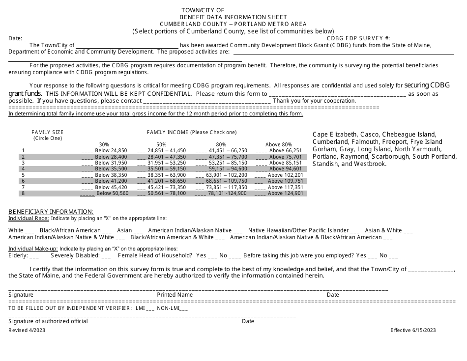 Edp Benefit Data Information Sheet - Cumberland County - Portland Metro Area - Maine, Page 1