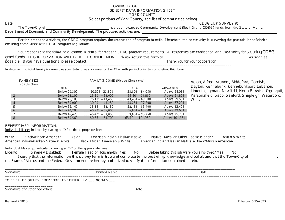 Edp Benefit Data Information Sheet - York County - Maine, Page 1