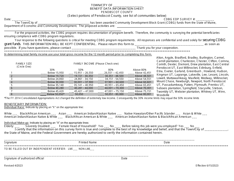 Maine Edp Benefit Data Information Sheet Penobscot County Download Printable PDF 2022 — 2024