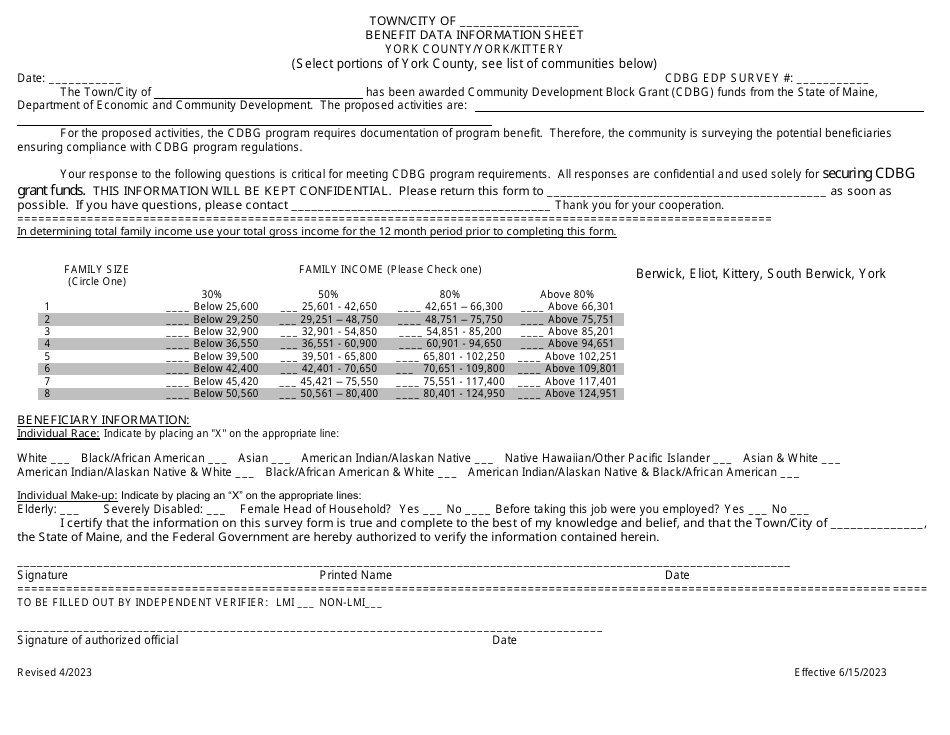 Edp Benefit Data Information Sheet - York County / York / Kittery - Maine, Page 1