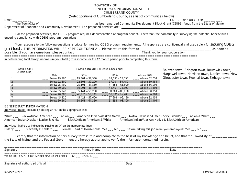 Maine Edp Benefit Data Information Sheet Cumberland County Fill Out