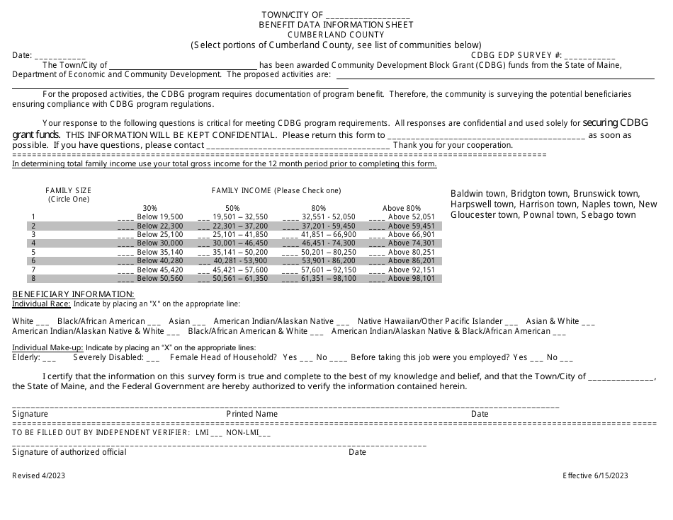 Edp Benefit Data Information Sheet - Cumberland County - Maine, Page 1