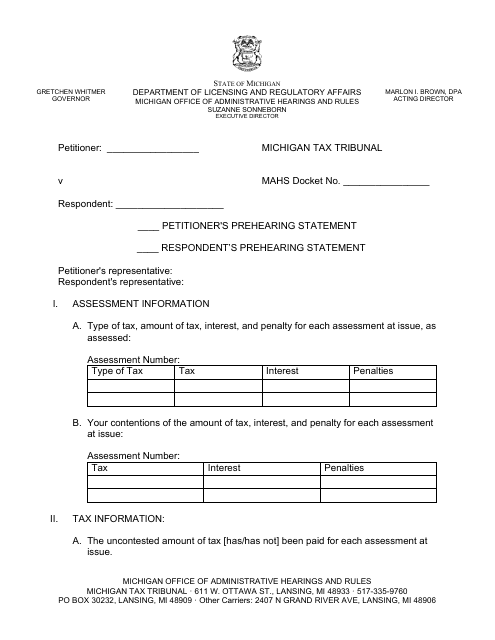 Non-property Prehearing Statement - Michigan Download Pdf