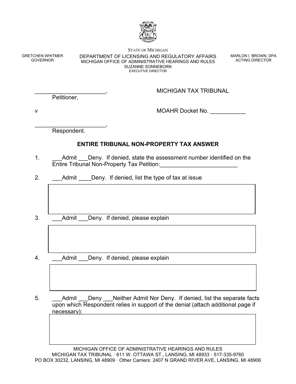 Michigan Entire Tribunal Nonproperty Tax Answer Fill Out, Sign