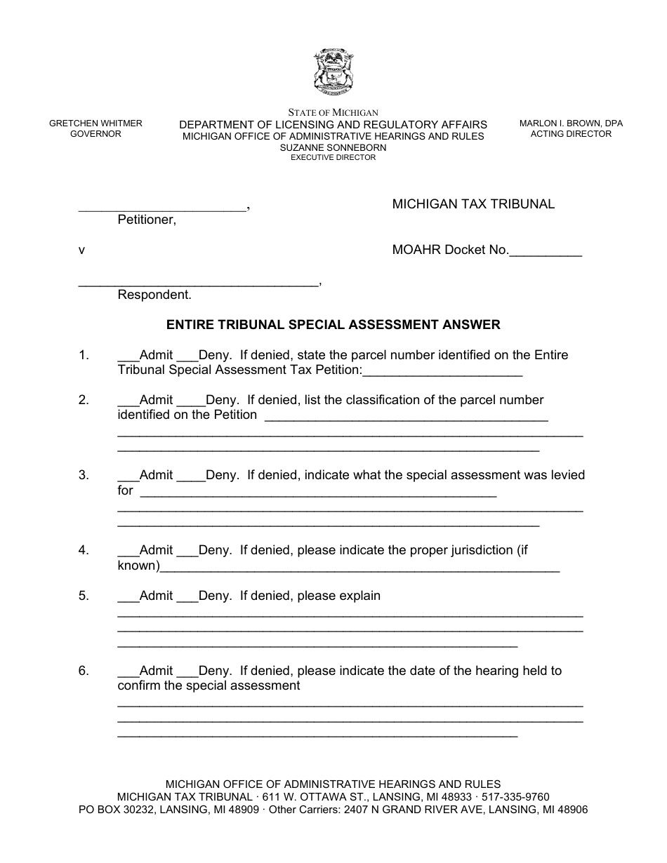 Entire Tribunal Special Assessment Answer - Michigan, Page 1