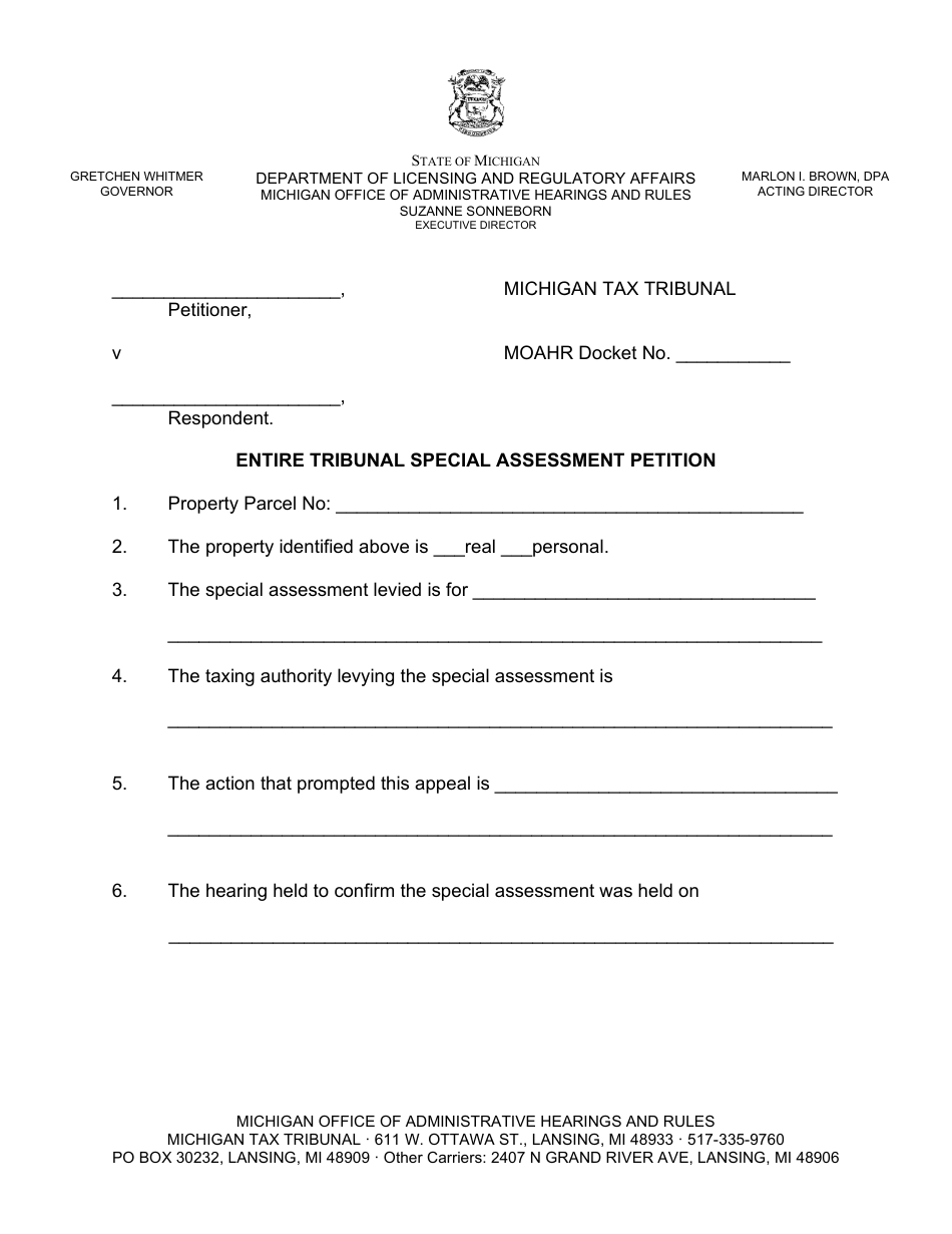 Entire Tribunal Special Assessment Petition - Michigan, Page 1