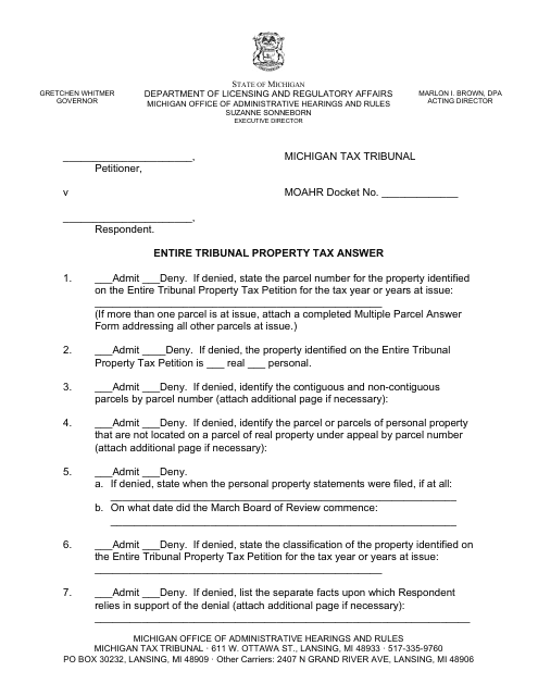Entire Tribunal Property Tax Answer - Michigan Download Pdf