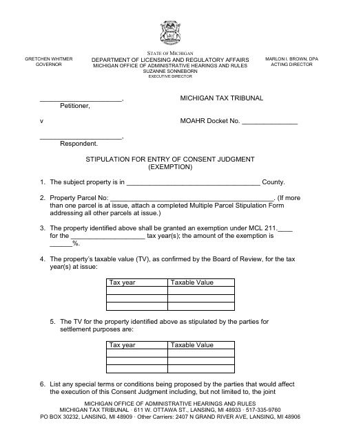 Stipulation for Entry of Consent Judgment (Exemption) - Michigan Download Pdf