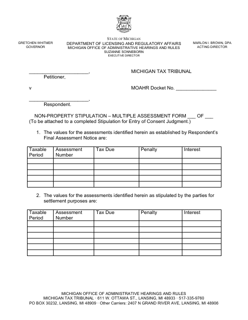Non-property Stipulation - Multiple Assessment Form - Michigan Download Pdf
