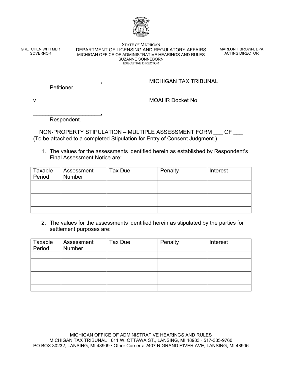 Non-property Stipulation - Multiple Assessment Form - Michigan, Page 1