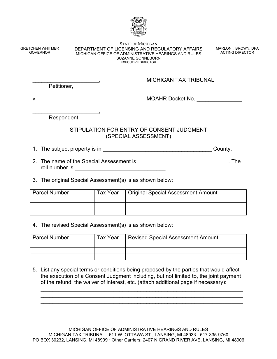 Stipulation for Entry of Consent Judgment (Special Assessment) - Michigan, Page 1