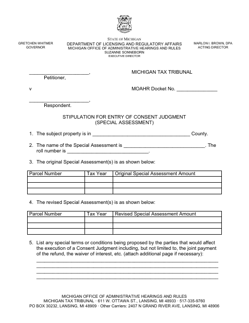 Stipulation for Entry of Consent Judgment (Special Assessment) - Michigan Download Pdf