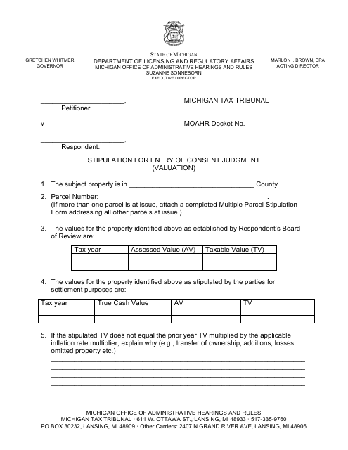 Stipulation for Entry of Consent Judgment (Valuation) - Michigan Download Pdf