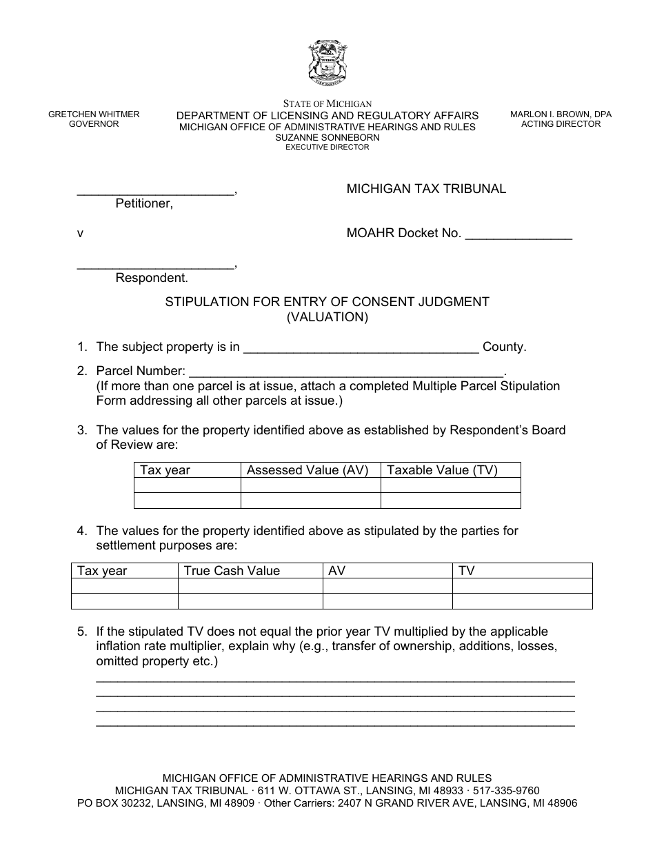 Michigan Stipulation for Entry of Consent Judgment (Valuation) - Fill ...