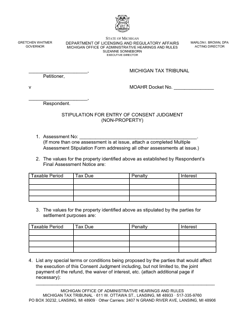 Stipulation for Entry of Consent Judgment (Non-property) - Michigan Download Pdf