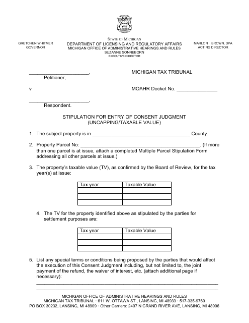 Stipulation for Entry of Consent Judgment (Uncapping / Taxable Value) - Michigan Download Pdf