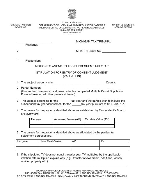 Motion to Amend to Add Subsequent Tax Year Stipulation for Entry of Consent Judgment (Valuation) - Michigan Download Pdf