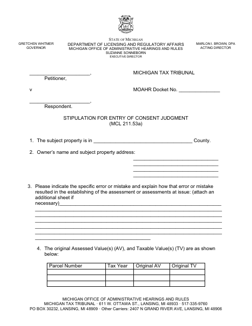 Stipulation for Entry of Consent Judgment (Mcl 211.53a) - Michigan Download Pdf