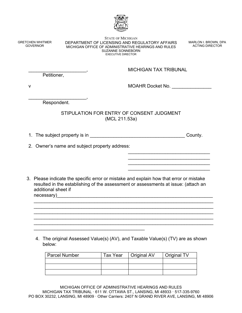 Michigan Stipulation for Entry of Consent Judgment (Mcl 211.53a) - Fill ...