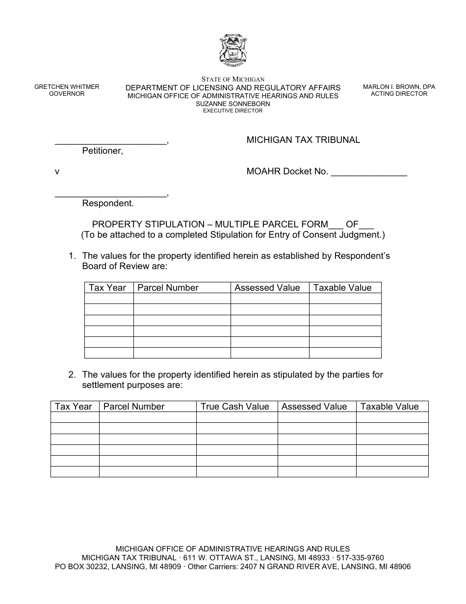 Property Stipulation - Multiple Parcel Form - Michigan, Page 1