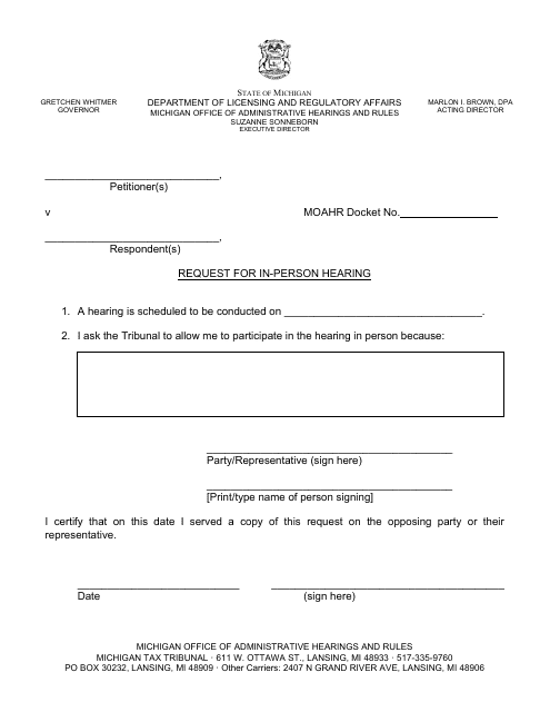 Request for in-Person Hearing - Michigan Download Pdf