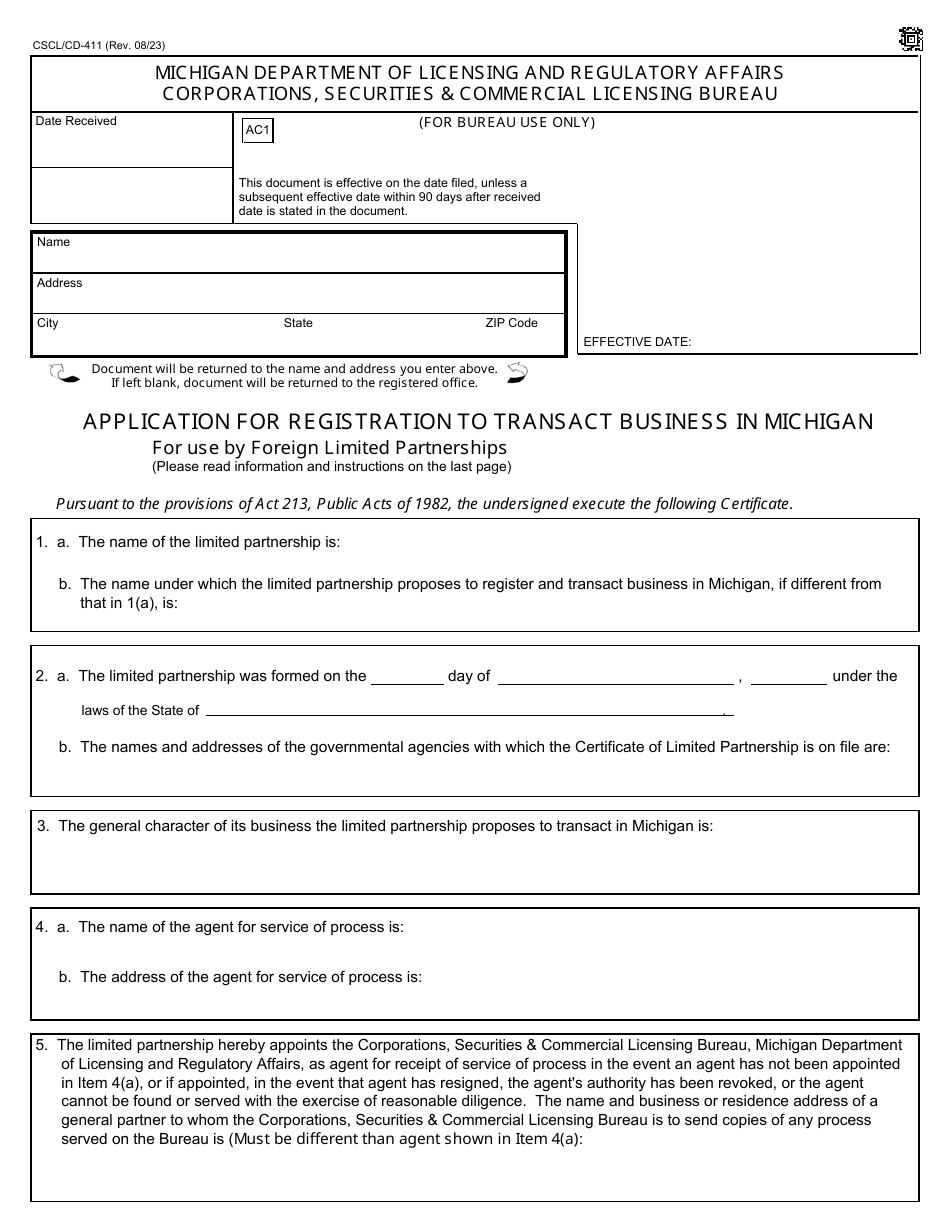 Form CSCL / CD-411 Application for Registration to Transact Business in Michigan for Use by Foreign Limited Partnerships - Michigan, Page 1
