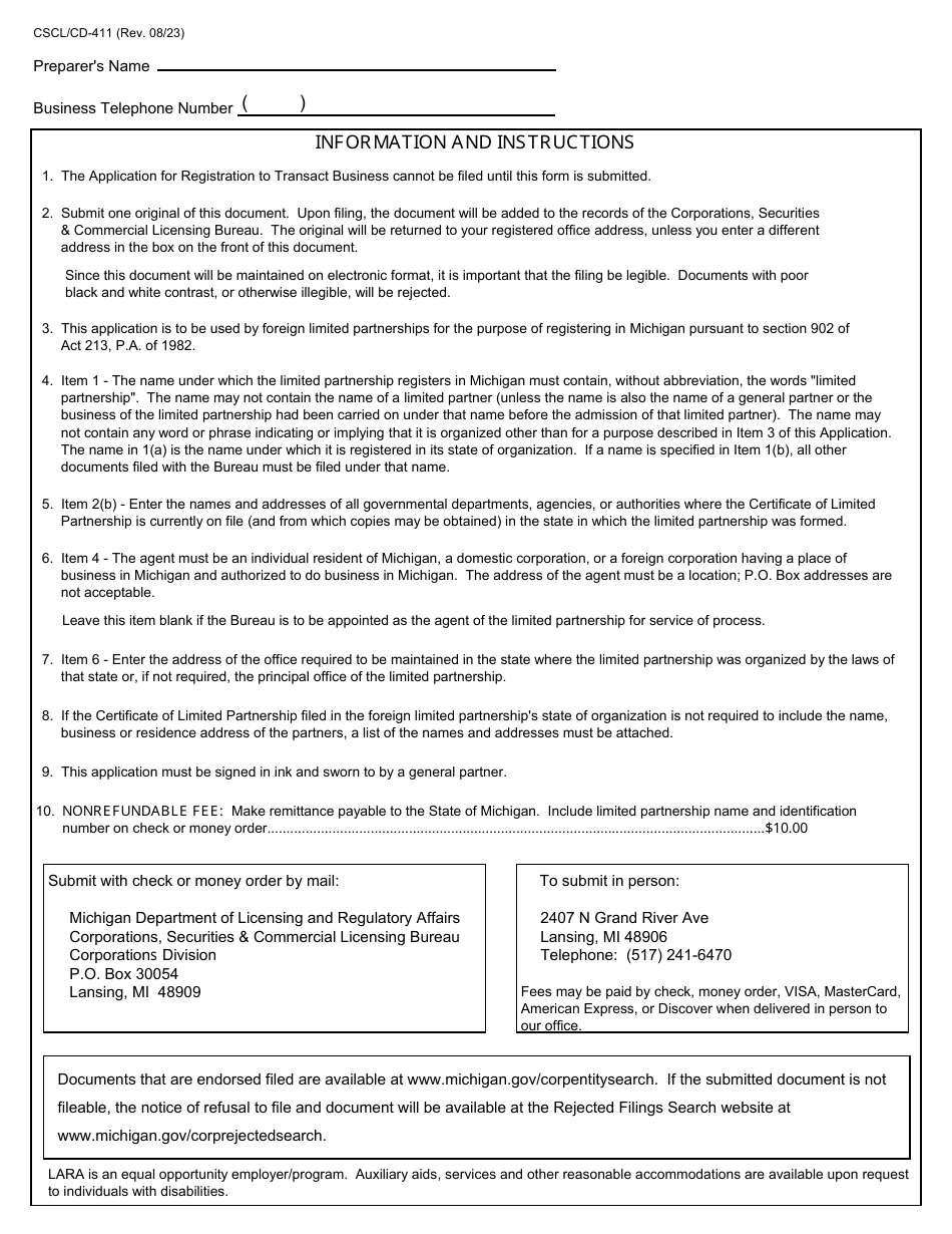 Form CSCL / CD-411 Application for Registration to Transact Business in Michigan for Use by Foreign Limited Partnerships - Michigan, Page 3