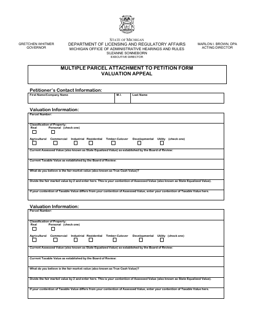 Multiple Parcel Attachment to Petition Form Valuation Appeal - Michigan