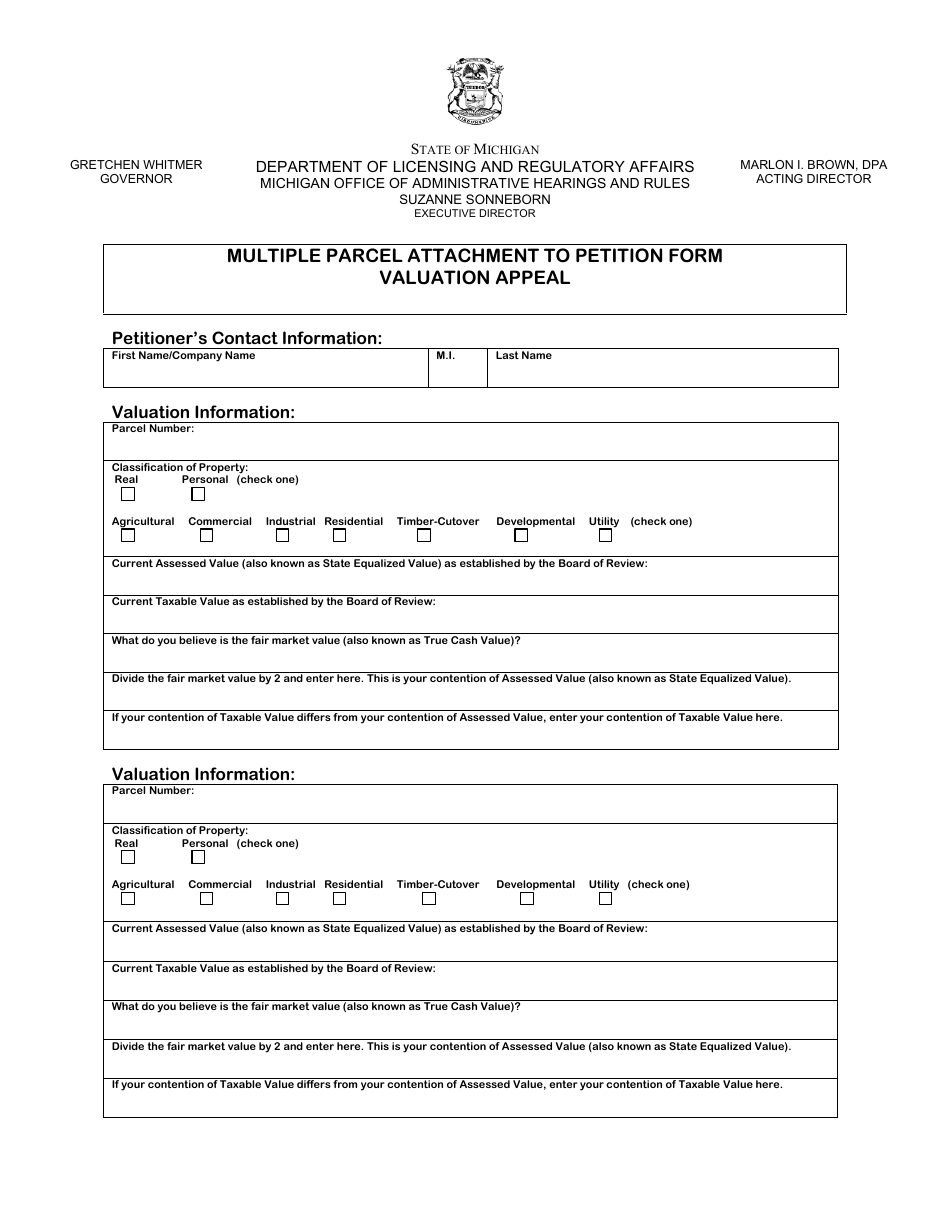 Multiple Parcel Attachment to Petition Form Valuation Appeal - Michigan, Page 1