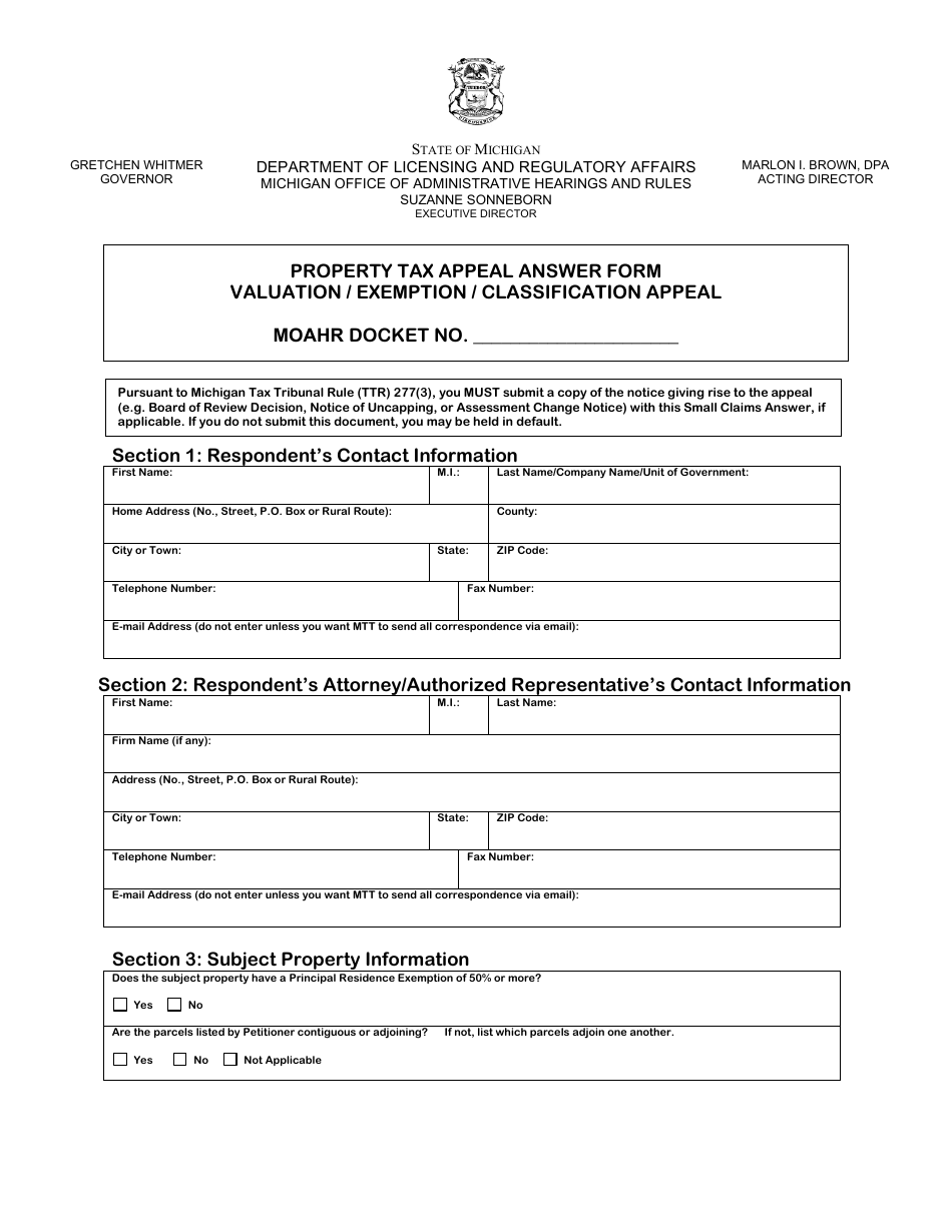 Property Tax Appeal Answer Form - Valuation / Exemption / Classification Appeal - Michigan, Page 1