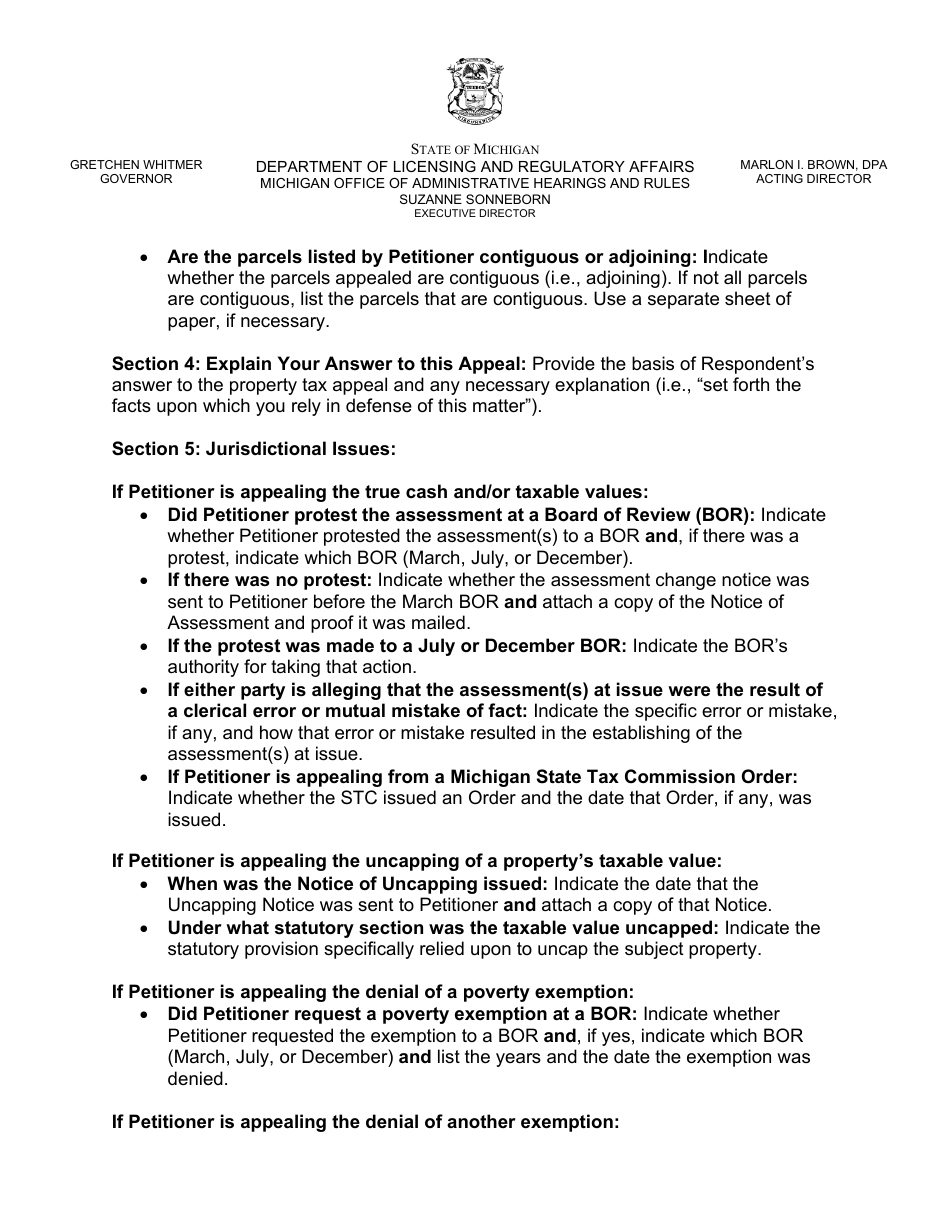 Property Tax Appeal Answer Form - Valuation / Exemption / Classification Appeal - Michigan, Page 5