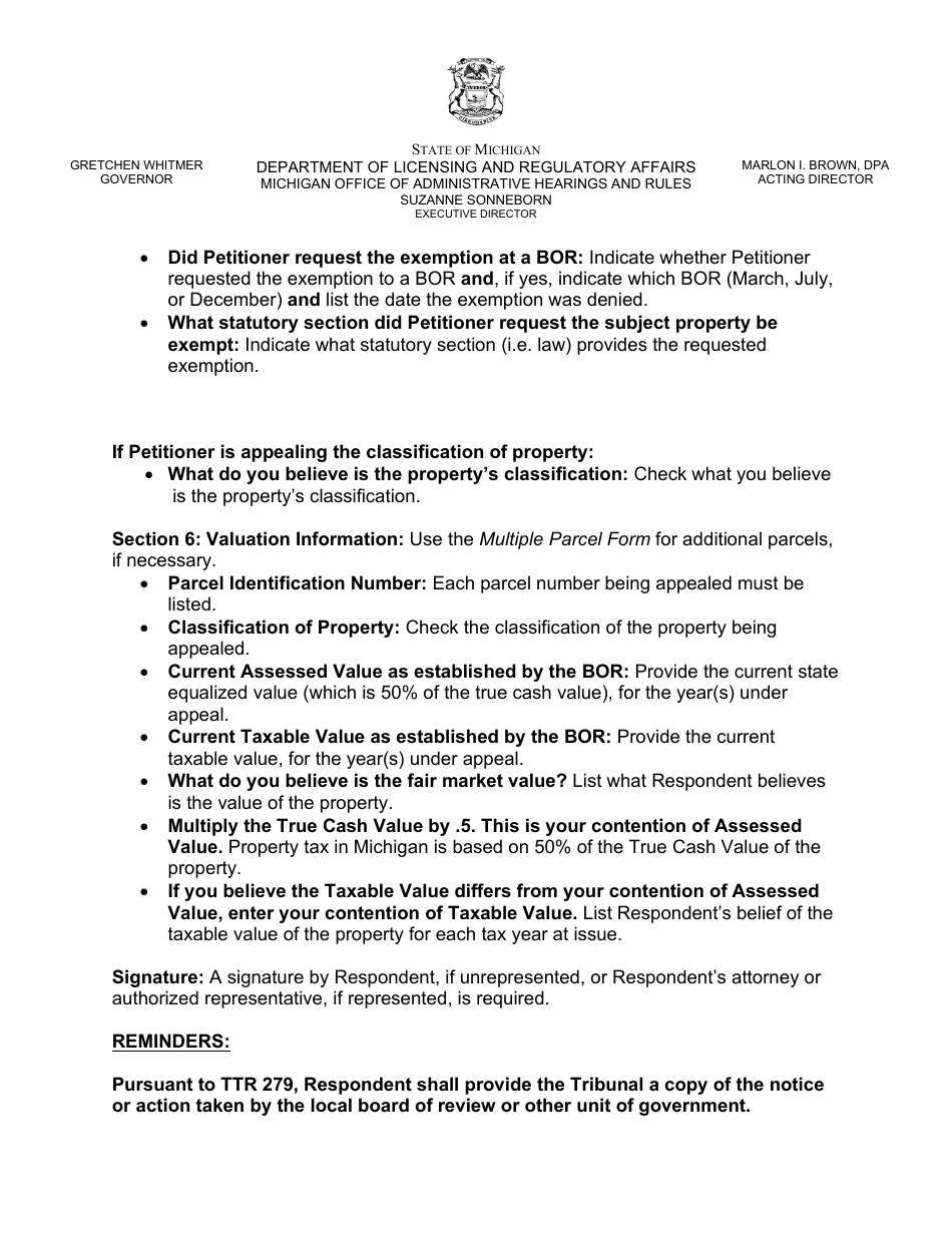 Property Tax Appeal Answer Form - Valuation / Exemption / Classification Appeal - Michigan, Page 6
