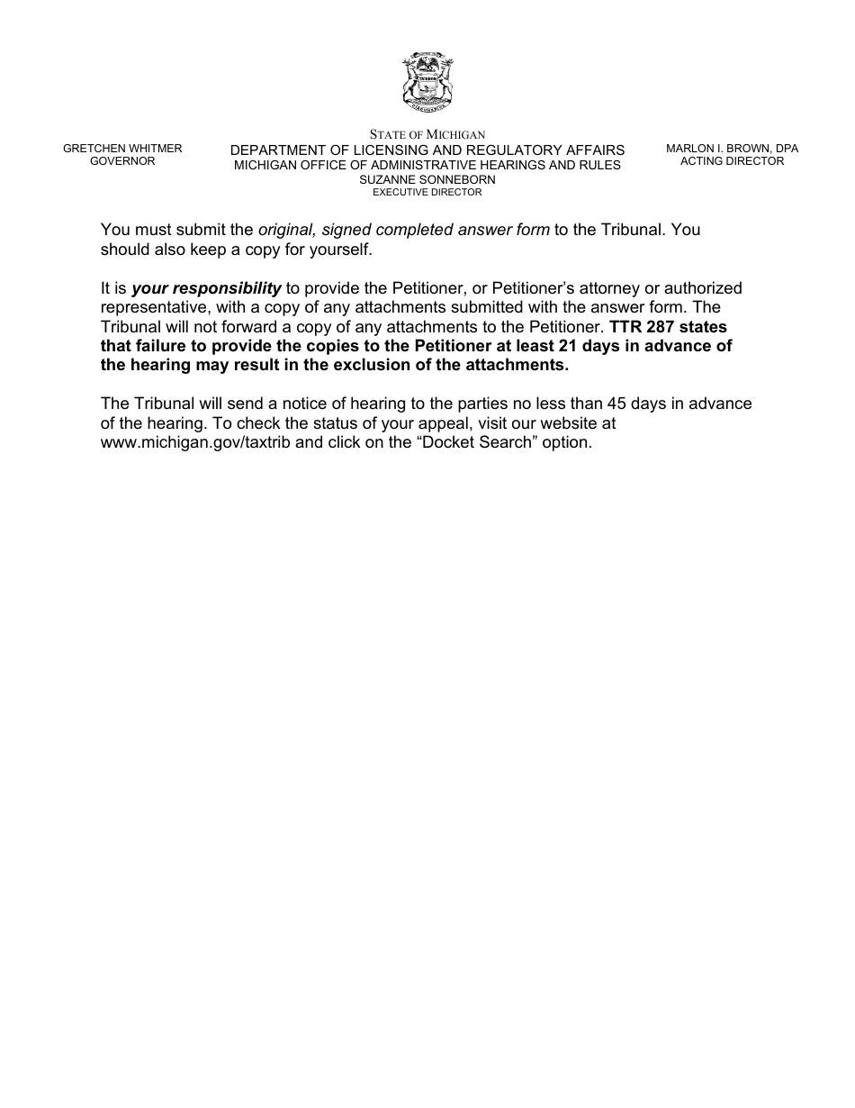Property Tax Appeal Answer Form - Valuation / Exemption / Classification Appeal - Michigan, Page 7