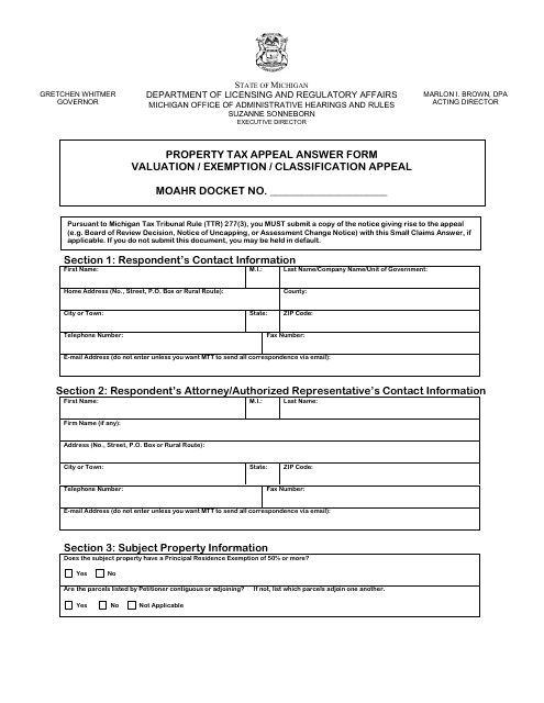 Property Tax Appeal Answer Form - Valuation / Exemption / Classification Appeal - Michigan Download Pdf