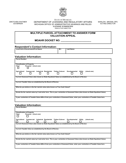 Multiple Parcel Attachment to Answer Form - Valuation Appeal - Michigan Download Pdf