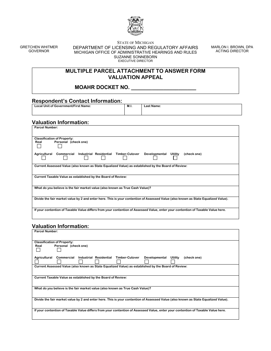 Multiple Parcel Attachment to Answer Form - Valuation Appeal - Michigan, Page 1