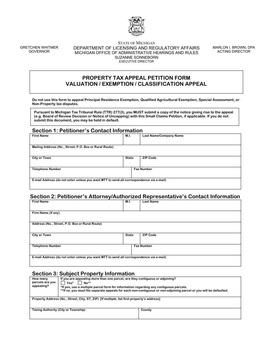 Property Tax Appeal Petition Form - Valuation / Exemption / Classification Appeal - Michigan, Page 1