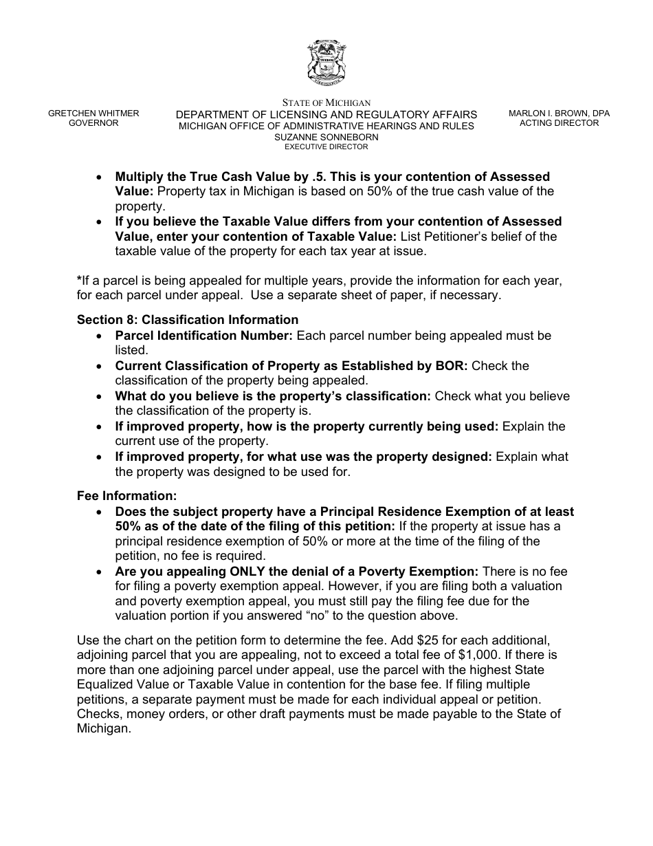 Property Tax Appeal Petition Form - Valuation / Exemption / Classification Appeal - Michigan, Page 7