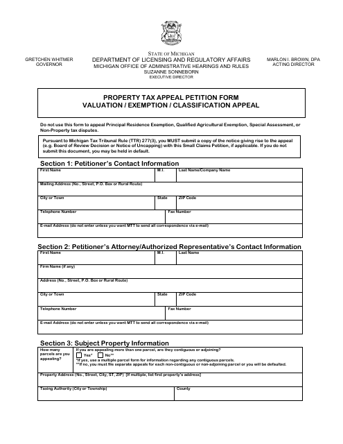 Property Tax Appeal Petition Form - Valuation / Exemption / Classification Appeal - Michigan Download Pdf