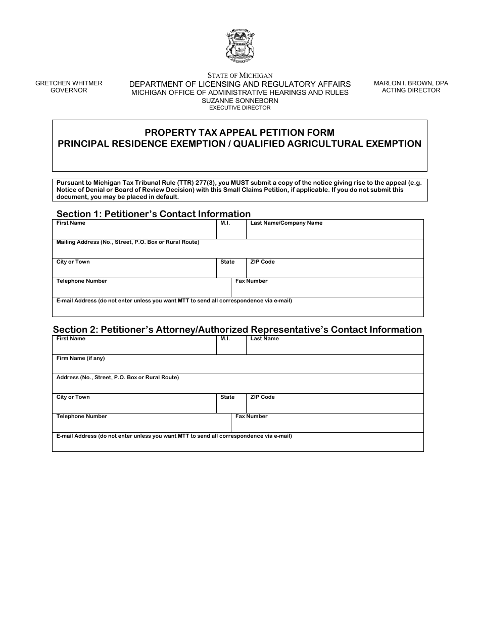 Property Tax Appeal Petition Form - Principal Residence Exemption / Qualified Agricultural Exemption - Michigan, Page 1